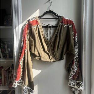 Free People Olive Embroidered Blouse